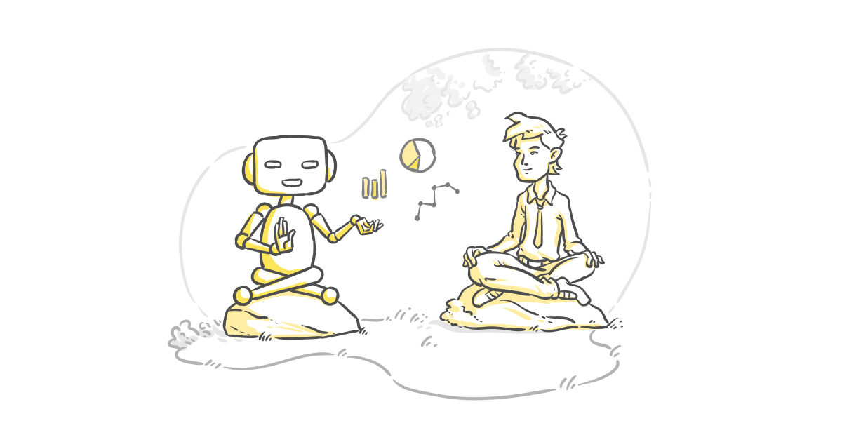 Obrázek robota s podnikatelem, oba meditují.