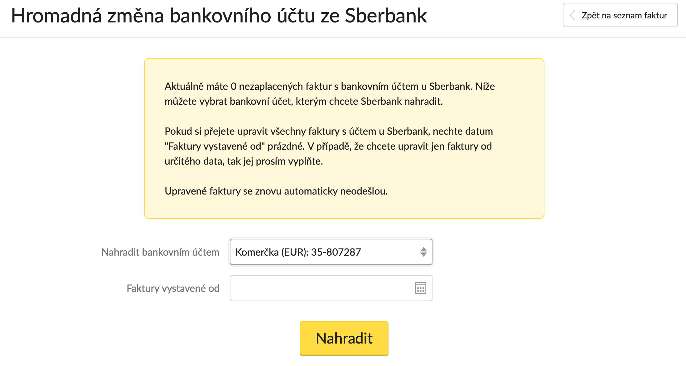 Nástroj pro změnu účtu ze Sberbank na jinou banku | Ukázka aplikace